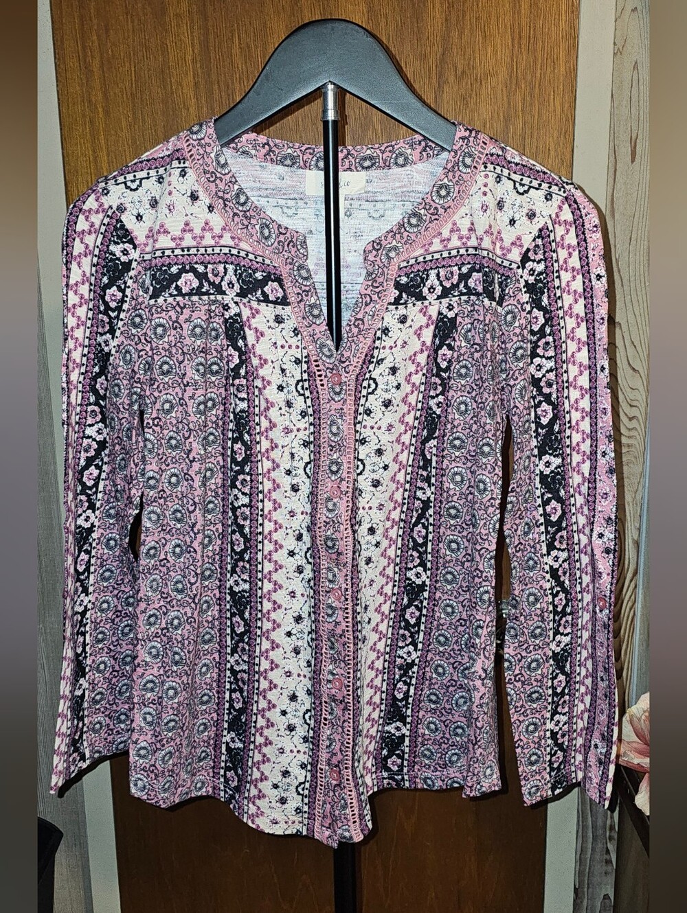 Style & Co. Pink Black and White Printed Button-Down Petite Blouse